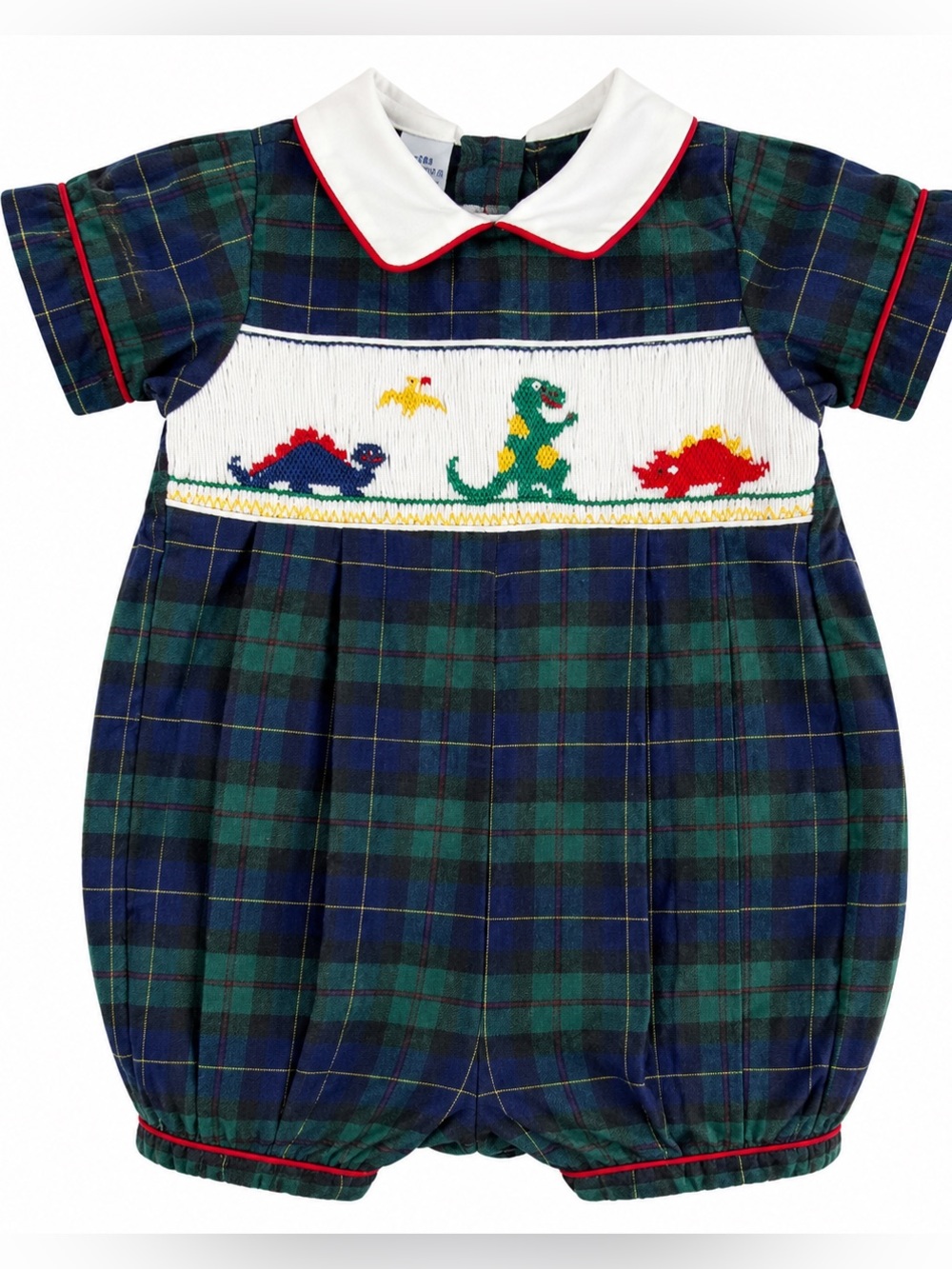 Anavini Hand Smocked Dinosaur Bubble Romper in Tartan Plaid with Dinosaurs SZ 3M